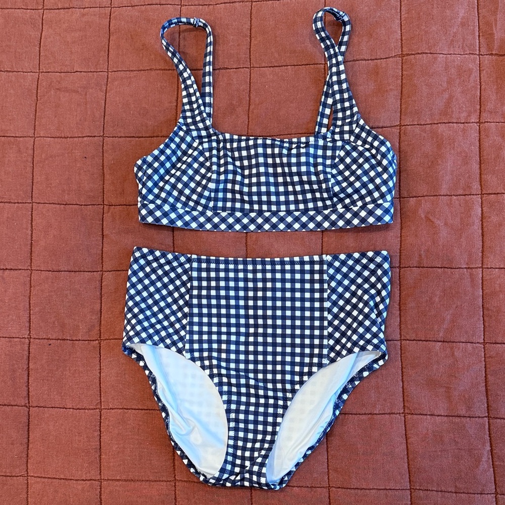 Lands' End Blue and White Gingham High-waisted Bikini